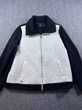 Lauren Ralph Lauren Women's Black Fleece and Cream Quilted Mixed Media Zip-Up Ja